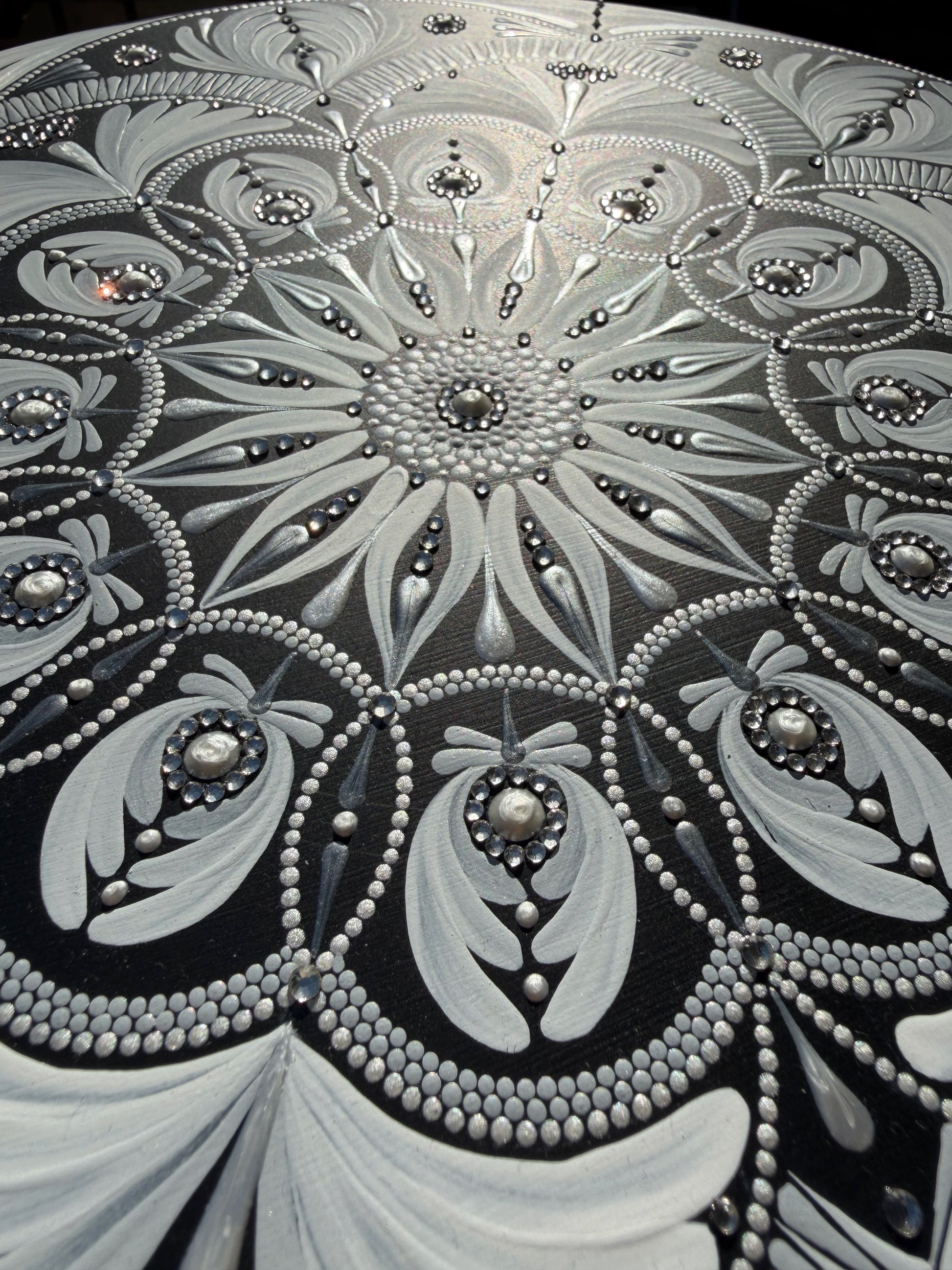 Close-up of a decorative mandala with intricate patterns and embellishments.